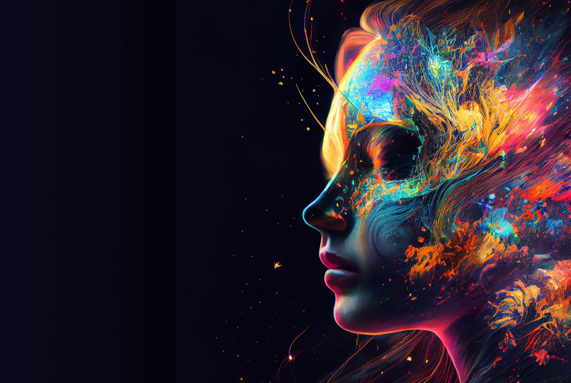 Gambar yang diciptakan AI tentang kepala wanita yang berisi seni abstrak berwarna-warni.